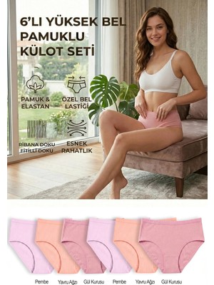 Bravie 6’lı Yüksek Bel Pamuklu Külot Seti Yavruağzı, Gül Kurusu, Pembe