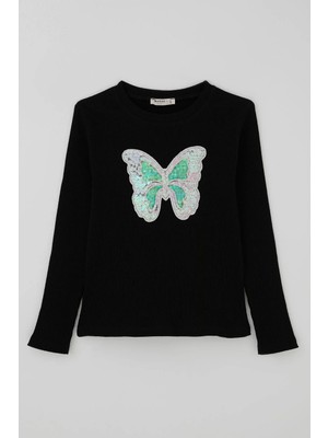 Breeze Kız Çocuk Uzun Kollu Tişört Pul Işlemeli Kelebek Armallı 9-14 Yaş, Siyah