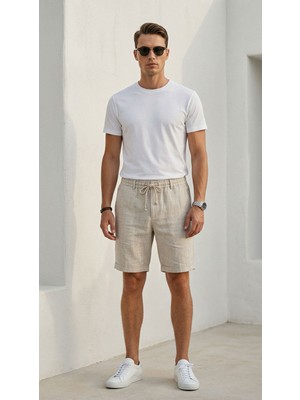 Plus Scorpion Erkek Keten Şort Lastikli Beli Bağcıklı Yazlık Rahat Kesim Günlük Casual Bermuda Şort