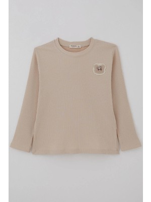 Breeze Kız Çocuk Uzun Kollu Tişört Arma Detaylı Düz Renk 5-10 Yaş, Bej