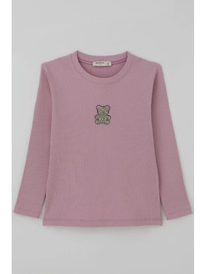 Breeze Kız Çocuk Uzun Kollu Tişört Taşlı Işıltılı Ayıcık Aplike Armalı 5-10 Yaş, Gülkurusu