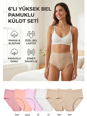 Bravie 6’lı Yüksek Bel Pamuklu Külot Seti Beyaz, Ten, Yavruağzı, Gülkurusu, Pembe