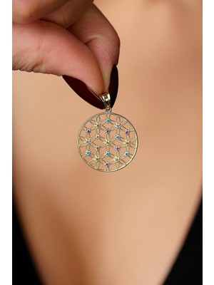 Fiyonk Kuyumculuk 14 Ayar Altın Renkli Taş Detaylı Yaşam Çiçeği Kolye Ucu Küçük