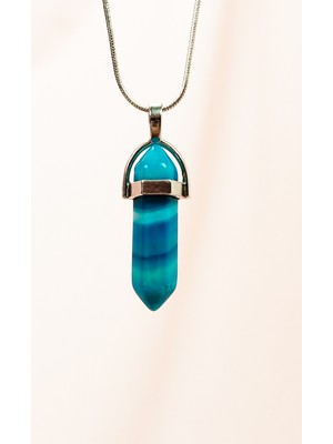 MiraLive Mavi Akik Doğal Taşı Zincirli El Yapımı Tasarımlı Kolye Uç: 3,5 cm Zincir: 20 cm Kutulu