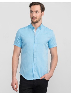 Tudors Slim Fit Kısa Kollu Poplin Oxford Erkek Mavi Gömlek