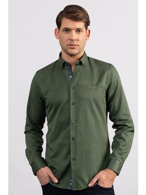 Tudors Erkek Slim Fit Dar Kesim Uzun Kollu Pamuklu Oxford Doku Kolay Ütülenebilir Yeşil Düğmeli Yaka Gömlek