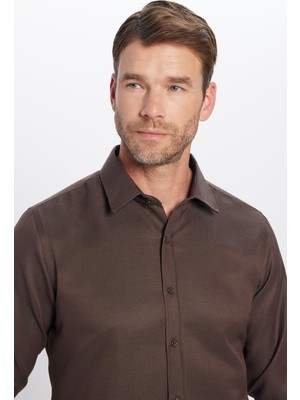 Tudors Modern Slim Fit Uzun Kollu Pamuklu Kolay Ütülenebilir Armürlü Erkek Kahve Gömlek