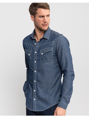 Tudors Slim Fit Uzun Kollu Dar Kesim Çift Cep Denim Kot Erkek Mavi Gömlek
