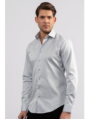 Tudors Erkek Slim Fit Dar Kesim %100 Pamuk Koton Saten Premium Seri Gri Gömlek
