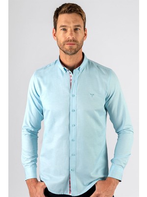 Tudors Erkek Slim Fit Dar Kesim Uzun Kollu Pamuklu Oxford Doku Turkuaz Düğmeli Yaka Gömlek