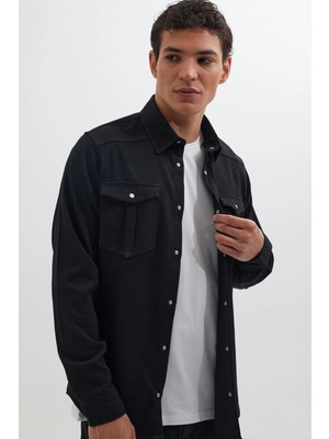 Tudors Slim Fit Uzun Kollu Dar Kesim Denim Kot Çift Cepli Spor Yaka Erkek Siyah Gömlek