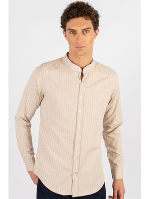 Slim Fit Uzun Kollu Hakim Yaka Pamuklu Kolay Ütü Çizgili Erkek Taş Gömlek