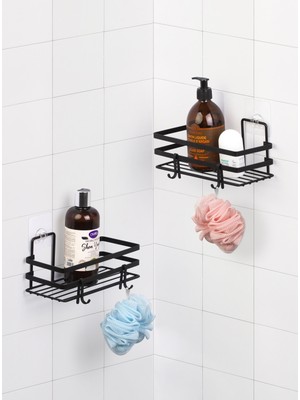 Okyanus Home - Sihirli Yapışkan Kancalı Siyah Lamalı 2 Adet Dikdörtgen Banyo Rafı