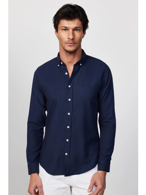 Tudors Erkek Slim Fit Dar Kesim %100 Pamuk Keten Doku Düğmeli Yaka Lacivert Gömlek