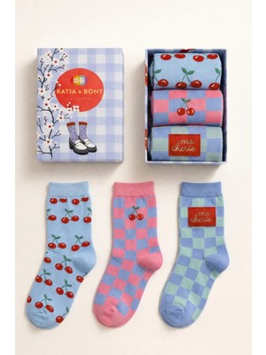 Kız Çocuk 3'lü Kiraz Desenli Kutulu Soket Çorap