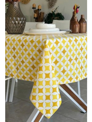 Rona Home Sarı Beyaz Geometrik Desenli Leke Tutmaz Dijital Baskılı Mutfak Yemek Masası Örtüsü Modern Dekoratif