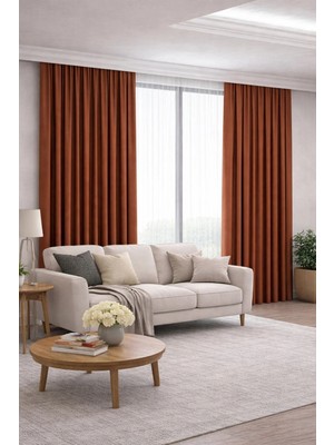 Devrim Olivya Tekstil Kiremit Rengi Fon Perde Pilesiz Tek Kanat Petek Kadife Dokulu Adafon Modern Dekorasyon Kornişli
