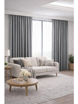 Devrim Olivya Tekstil Gri Fon Perde Pilesiz Tek Kanat Petek Kadife Dokulu Adafon Modern Dekorasyon Kornişli