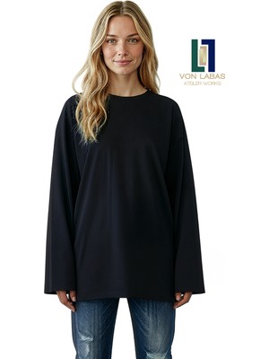 Von Labas Geniş Kol Oversize Uzun Kollu Siyah Tshirt %100 Pamuklu Basic Yazlık