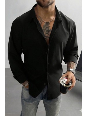 Tarz Cool Keten Görünümlü Yarım Oversize Uzun Kollu Erkek Gömlek