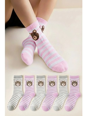 Bravie Kadın Çizgili Ayıcıklı Genç Kolej Çorap 6'lı Paket 813 Pembe-Gri Karma