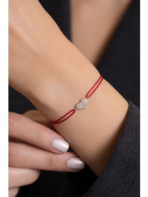 Bayar Gold 14 Ayar Altın Kırmızı İpli Taşlı Kalp Bileklik