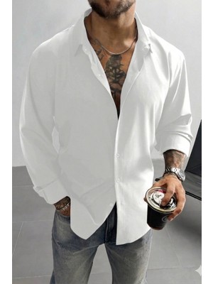 Tarz Cool Keten Görünümlü Yarım Oversize Uzun Kollu Erkek Gömlek