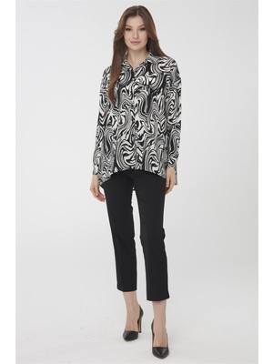 Desen Triko Kadın Zebra Desenli Gömlek Siyah