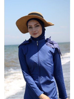 Marina Omuzları Dantelli Fermuarlı Tam Kapalı Tesettür Mayo 3'lü Set Marina Mayo M2029 Indigo