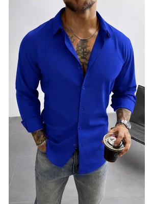 Tarz Cool Keten Görünümlü Yarım Oversize Uzun Kollu Erkek Gömlek