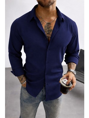 Tarz Cool Keten Görünümlü Yarım Oversize Uzun Kollu Erkek Gömlek