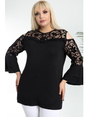 Kheos Siyah Flok Baskılı Tül Detaylı Uzun Kol Kadın Bluz Volanlı Kol Tasarımıyla Şık
