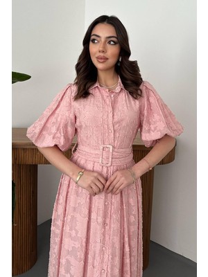 Cemo Kadın Sarı Kemerli Balon Kollu Jakarlı Midi Elbise