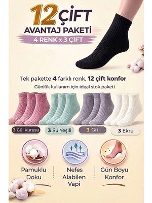 Bravie Çizgili Orta Konç Pamuklu Çorap 12'li Paket 252 Karma-4 Gül Kurusu, Su Yeşili, Gri, Ekru