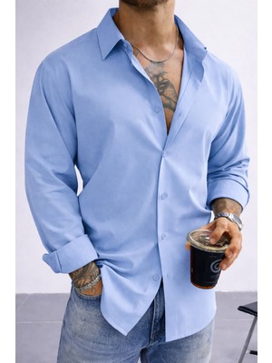 Tarz Cool Keten Görünümlü Yarım Oversize Uzun Kollu Erkek Gömlek