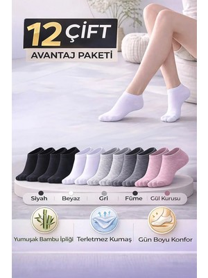 Bravie Kadın Bambu Sneaker Çorap 12'li Karma Paket 725 3 Siyah- 3 Beyaz- 2 Gri- 2 Füme- 2 Gül Kurusu