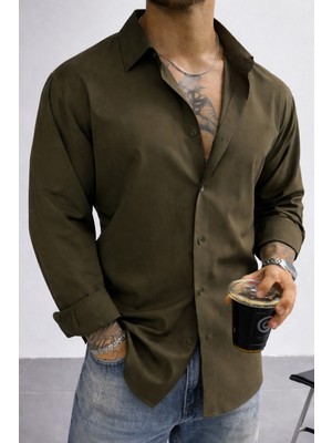 Tarz Cool Keten Görünümlü Yarım Oversize Uzun Kollu Erkek Gömlek