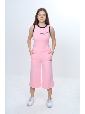 Toontoy Kız Çocuk 2'li Takım Bisiklet Yaka Baskılı Atlet & Beli Lastikli Bol Paça Baskılı Kapri 24997