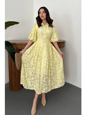 Cemo Kadın Sarı Kemerli Balon Kollu Jakarlı Midi Elbise