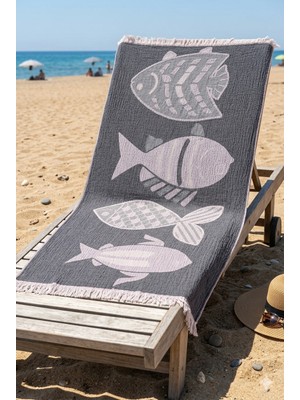Serenia Blowfish 3 Katlı Müslin Peştemal 90x180 cm Antrasit Renk Cilt Dostu Pamuk Materyal