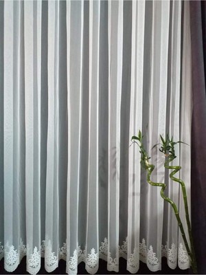 Brillant Grek Desenli Etek Işlemeli 1/3 Sık Pile Tül Perde Ekru Renk 90 x 270 cm