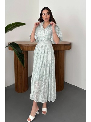 Cemo Kadın Sarı Kemerli Balon Kollu Jakarlı Midi Elbise