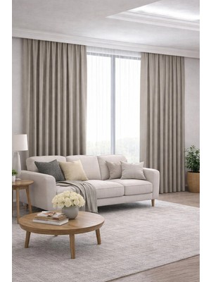 Devrim Olivya Tekstil Bej Fon Perde Pilesiz Tek Kanat Petek Kadife Dokulu Adafon Modern Dekorasyon Kornişli