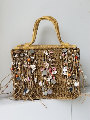 Gözde Tasarım Butik Kadın El Yapımı Tığişi Tasarım Püsküllü Boncuk Işlemeli Örgü Hasır Çanta