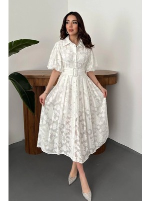 Cemo Kadın Sarı Kemerli Balon Kollu Jakarlı Midi Elbise