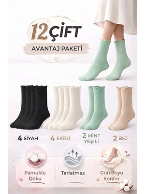 Bravie Kadın Fırfırlı Uzun Çorap 12'li Paket 367 Siyah, Ekru, Mint, Bej
