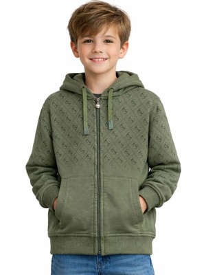 Erkek Çocuk /kız Çocuk Üzeri Harf Desenli Fermuar Kapamalı Cepli Haki Renk Hırka