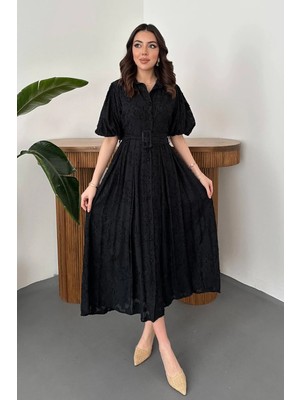 Cemo Kadın Sarı Kemerli Balon Kollu Jakarlı Midi Elbise