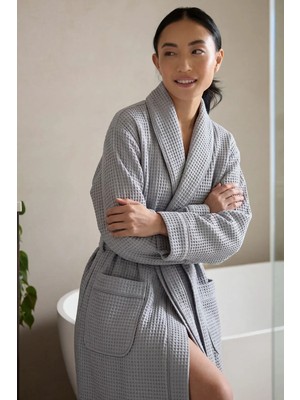 Green Black Afra Elite Serisi Kadın Pike Bornoz Gri, Oeko Tex Standard 100 Sertifikalı %100 Ege Pamuğu, Dokuma 250 GSM
