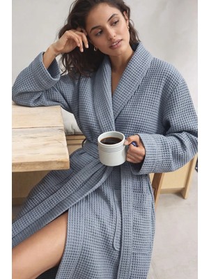 Green Black Afra Elite Serisi Kadın Pike Bornoz İndigo Mavi, Oeko Tex Sertifikalı %100 Ege Pamuğu, Dokuma 250 GSM